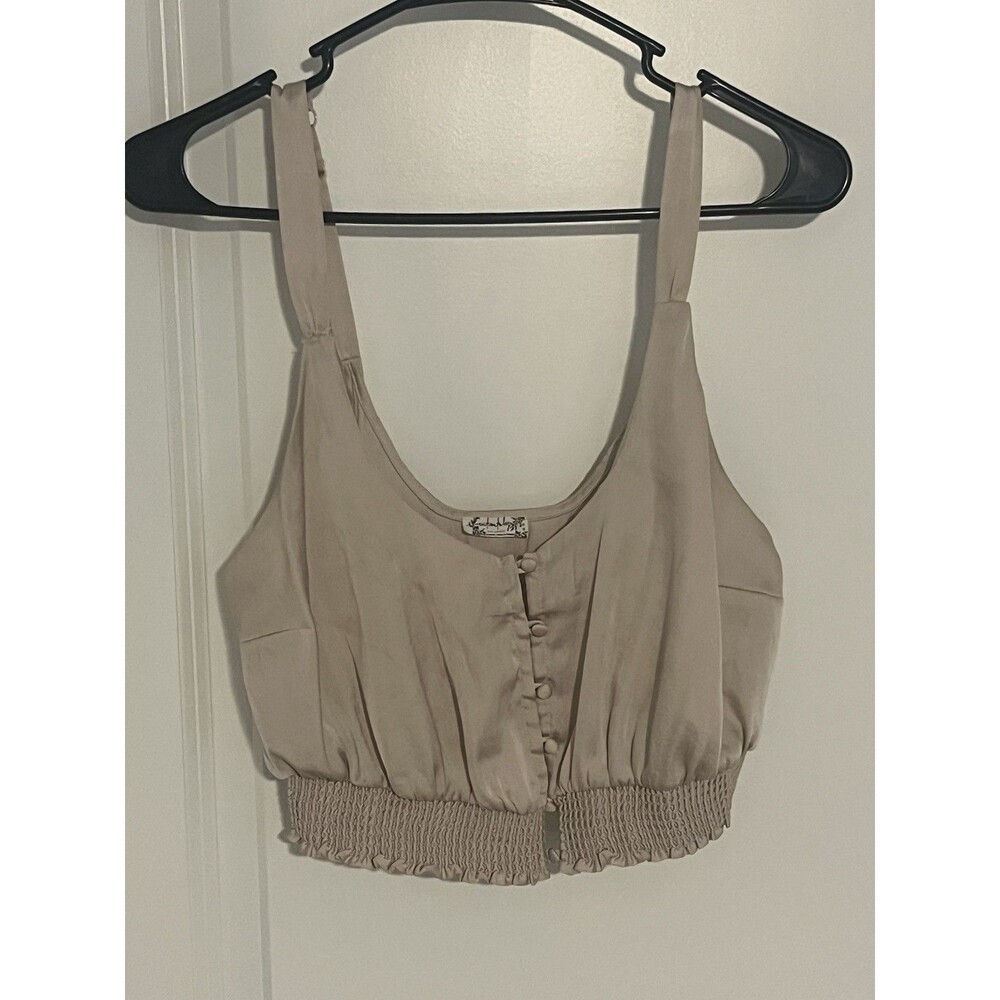 EUC Free People In Time to Fly Smocked Button-Up Cropped Tank Top Tan Size XS